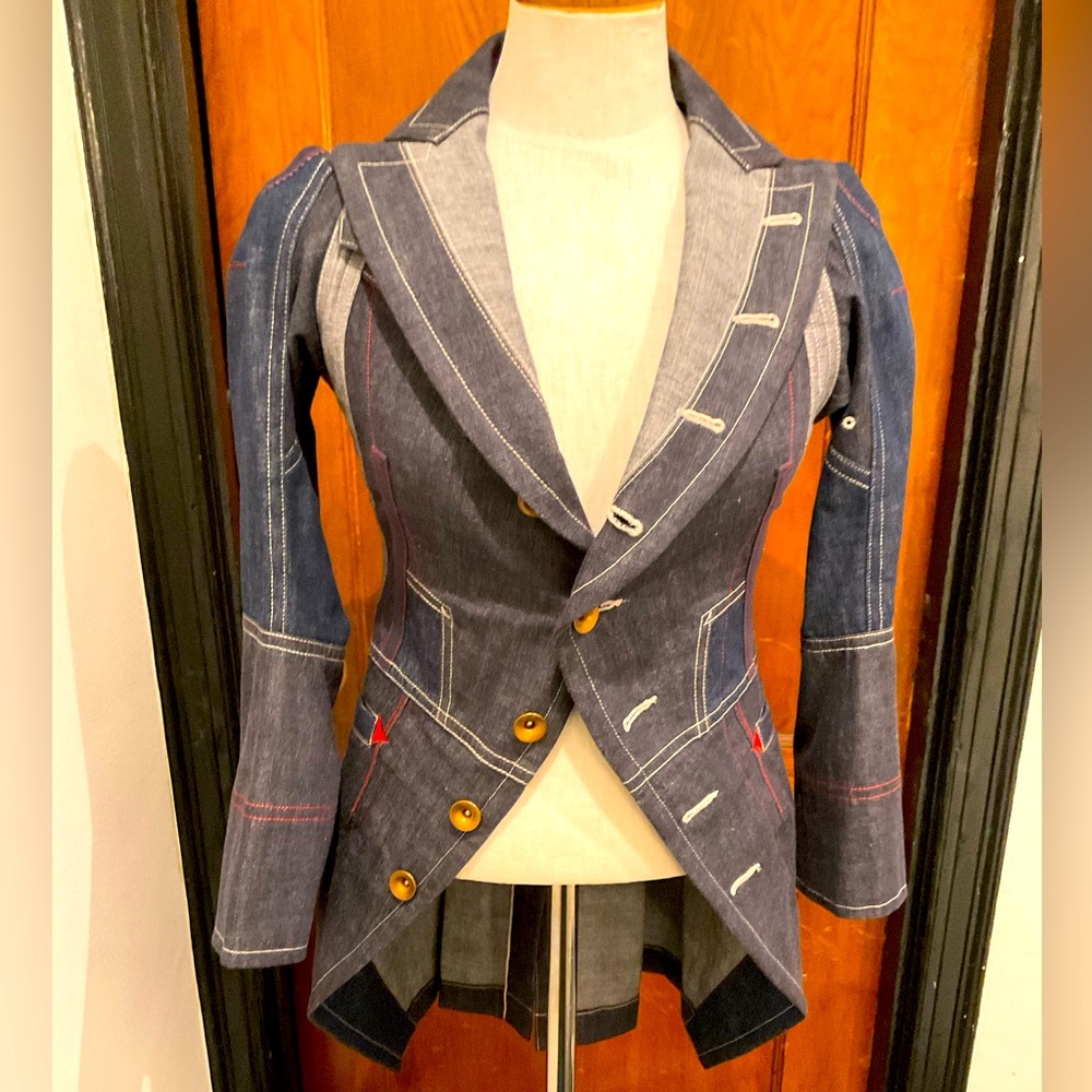 Shiro Sakai Denim Asymmetrical Tailored Mixed Media Japan Blazer Tuxedo Jacket S